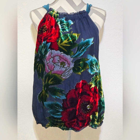 ✨HOST PICK✨️Hale Bob Floral Velvet Burnout on Blue Halter Top Silk Lining Large - Picture 5 of 12